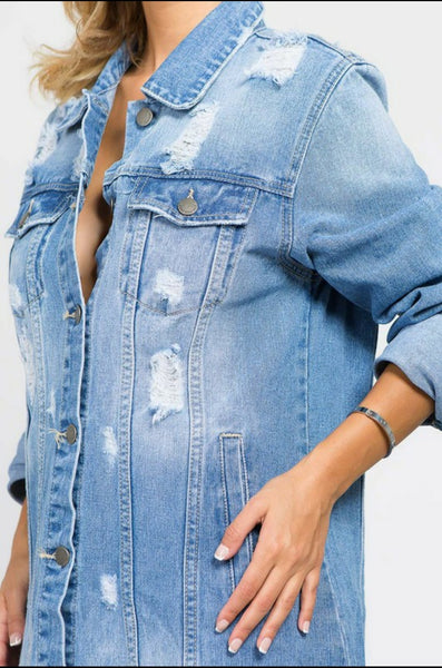 Distressed Denim Long Jacket