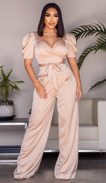 AP satin blouse with wide pants set